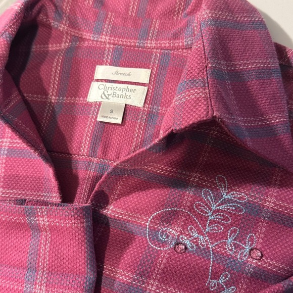 Christopher & Banks Plaid Zip Up Embroidered Top Womens Small S Stretch - Picture 1 of 7